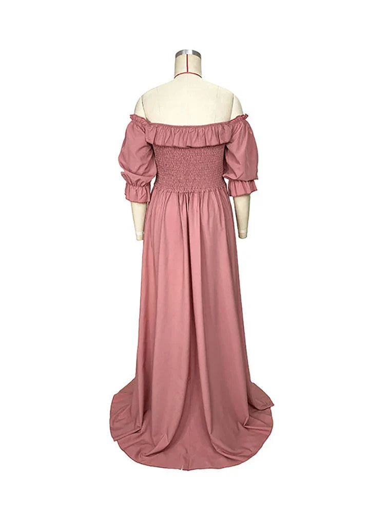 nvxiot - Pink Ruffle Off Shoulder Boho Photoshoot Pregnant Pregnancy Baby Shower Photography Maternity Clothes Maxi Dress For Women
