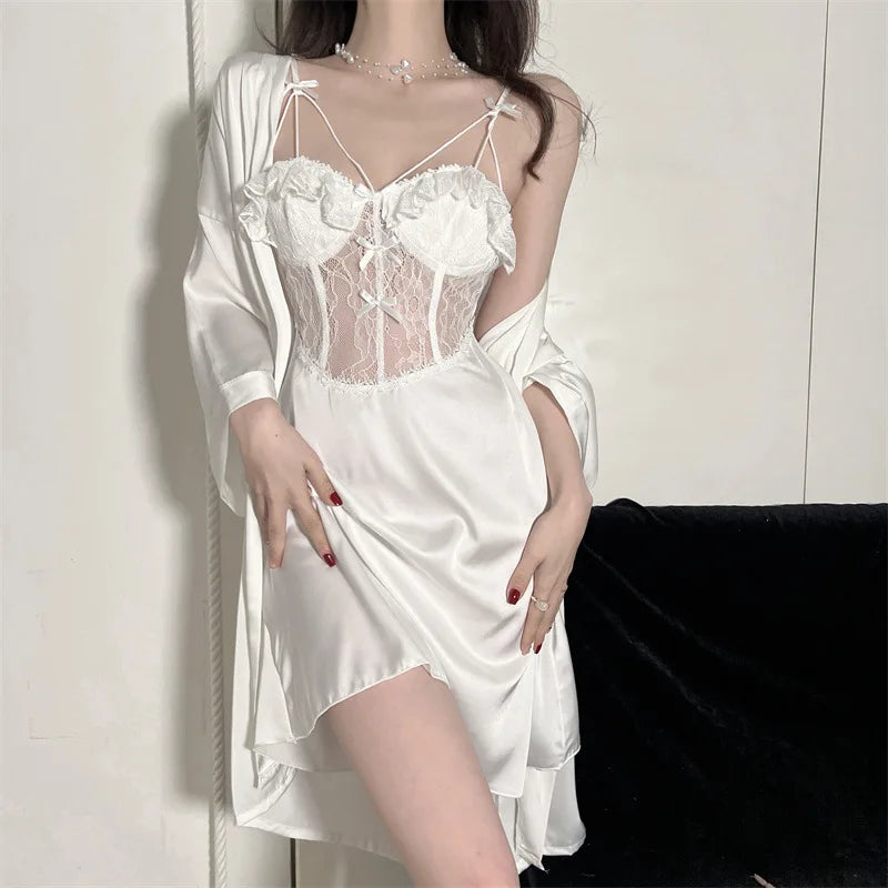 MQTIME - Women Robe And Gown Sets Light Purple Bathrobe Sexy Lingerie Satin Kimono Two Piece Set Summer Lace Hollow-out Nightgown