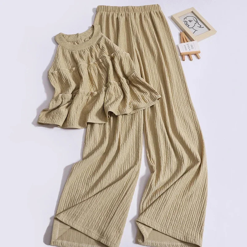 nvxiot - Summer New Sweet Ruffles O Neck Sleeveless Tops High Waist Loose Casual Straight Pants Fashion Two-piece Set for Women Outfits