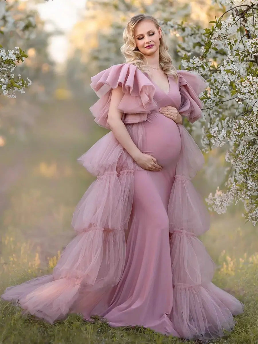 nvxiot - V Neck Maternity Gowns for Photo Shoot Dusty Pink Sleeveless Gala Robes Tiered Ruched Babyshower Gowns for Women Dressing
