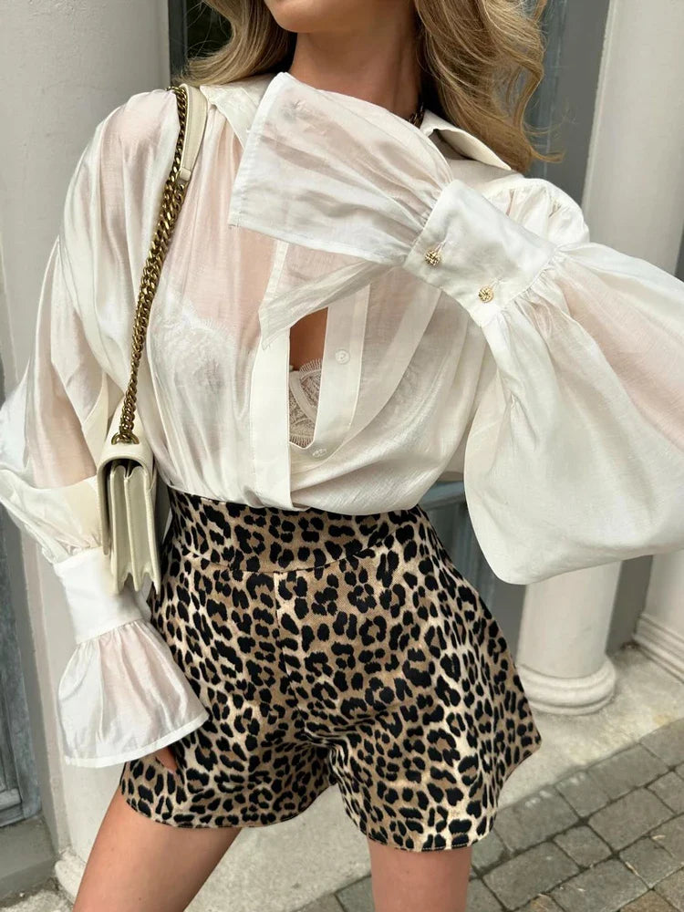 nvxiot - Autumn See-Through Casual Shirts Top For Women Loose Slim Long Sleeve Lapel Cardigan Streetwear Women's Pleated Shirts Top