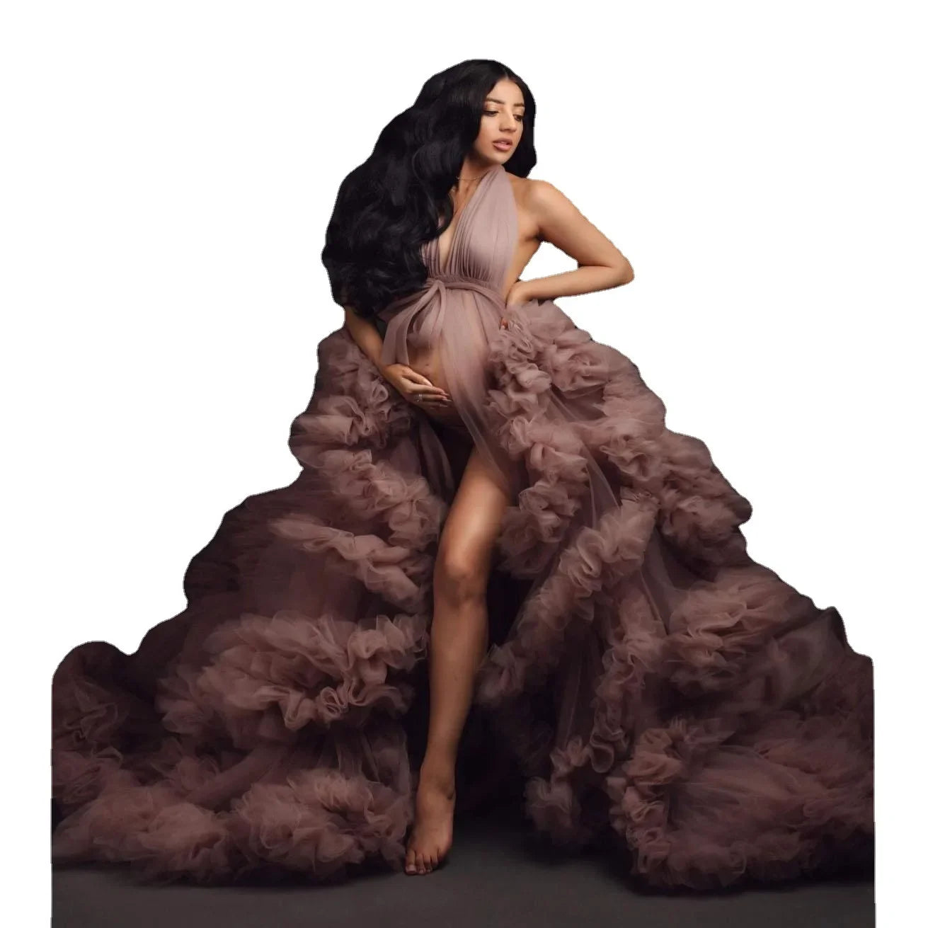 nvxiot - Tulle Maternity Robes With Bow Ruffled Layered Long Puffy Women Tulle Maternity Dress Custom Made For Photography