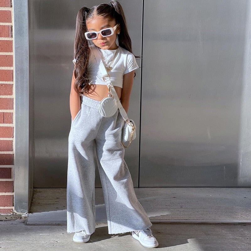 nvxiot Child Girl 2pcs/set Short Sleeve White Crop Tops+High Waist Sport Pants Clothing Suits Baby Kids Girl Fashion Outfits Children's