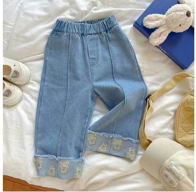 nvxiot - Spring Autumn Korean Children Girl Jeans Pant Cotton Elastic Waist Bear Hem Kid Girl Trouser Solid Casual Kid Girl Wide Leg Pant