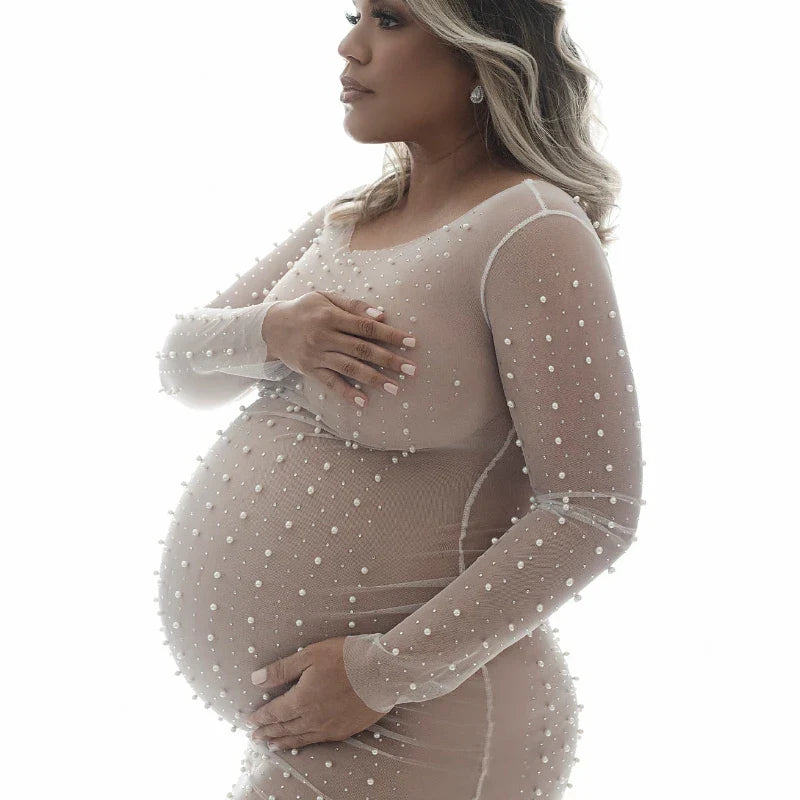 nvxiot - Mesh See Through Maternity Photography Long Dresses Pearl Transparent Tulle Pregnancy Photo Shoot Dress For Women Gown Party