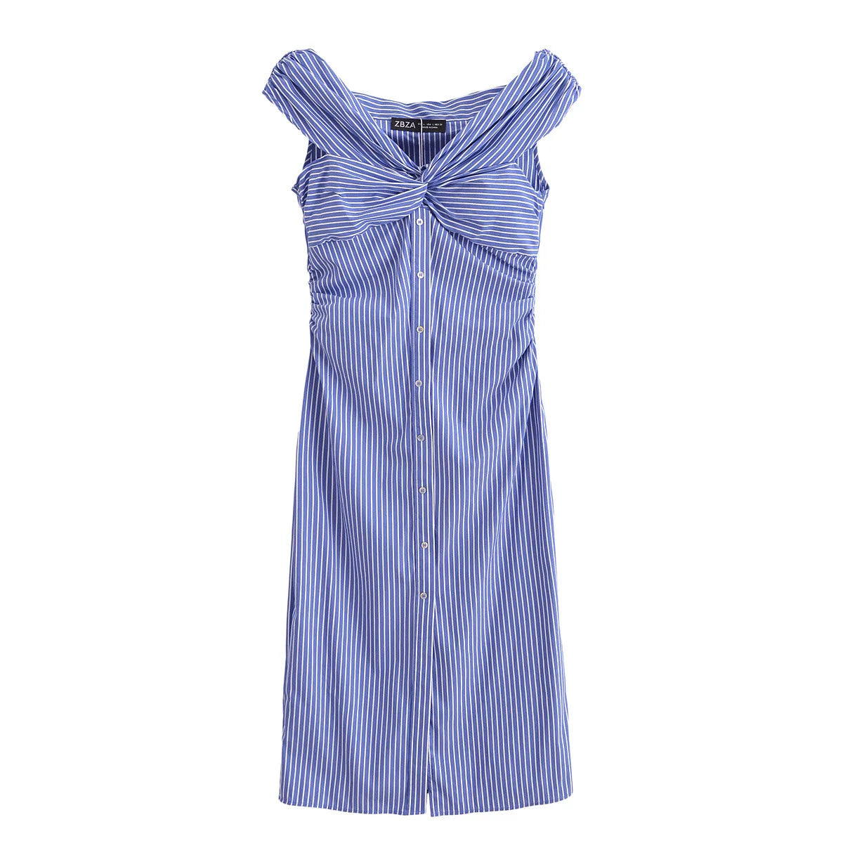 MQTIME - Summer Stripe Off Shoulder Long Dress Casual Sleeveless Single Breasted Dresses V-Neck Pleated Versatile Vestidos for Streetwear