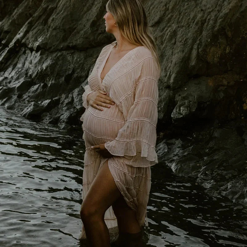 MQTIME - Pleat Mesh Boho Maternity Dress For Photography Props V-neck Sides Slit Bohemian Pregnancy Photo Shoot Dress