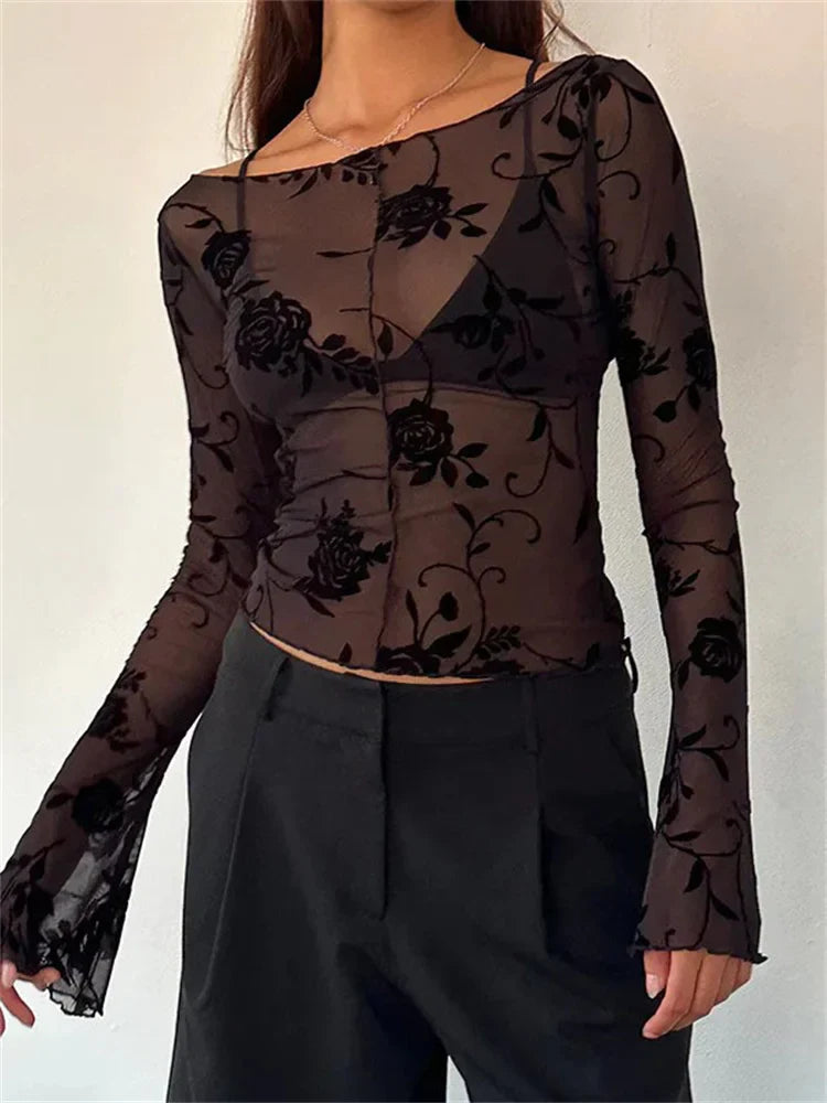 MQTIME - Sheer Mesh Patchwork Velvet Florals Crop Top Women Crew Neck Long Sleeved Slim T-shirt Hottie Autumn 2024 Streetwear