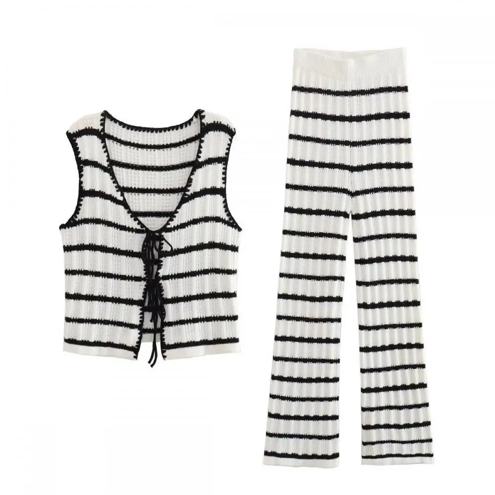 MQTIME - Women Fashion Knitted Striped Waistcoat Pants Set V Neck Front Tie Sleeveless Vest Tank Tops Elastic Waist Trousers Streetwear