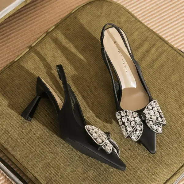 MQTIME - Comfort Shoes for Women Beige Heeled Sandals Black Bow Stiletto Clear Low 2024 Pointed Open Rhinestone Girls High Closed Sweet R
