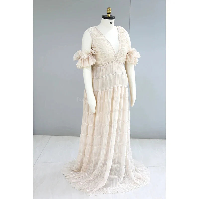 nvxiot - Maternity Photoshoot Dress Maternity Dress for Photography - V-Neck Linen Fabric High Slit Sleeveless