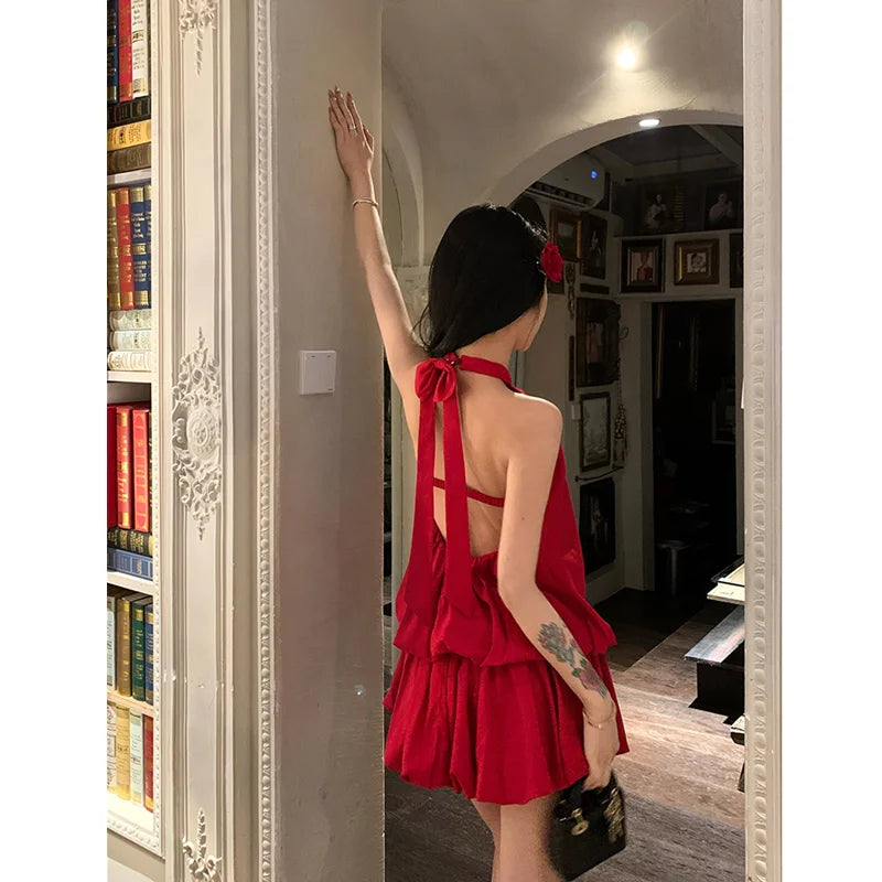 MQTIME - Summer Women Red Dress Hanging neck Design Sexy Europe and America Fashion Temperament 2024 NEW Female Sleeveless Solid Dress