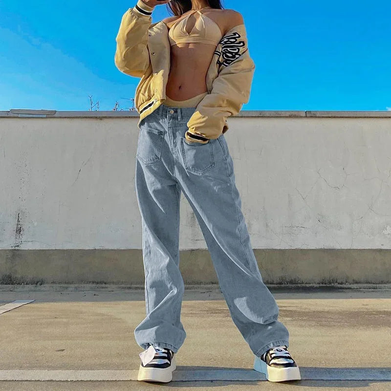 nvxiot - Women's Casual Wide Leg Long Front Pockets Light Blue Denim Pants 2023 Baggy Jeans New High Waist Loose Pants Streetwear Female