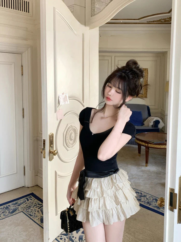 MQTIME - Chiffon 2 Piece Skirts Sets Outwear Casual Y2k Crop Tops Sleeveless + Mini Skirts Korean Fashion Suits 2000s Vintage Clothing
