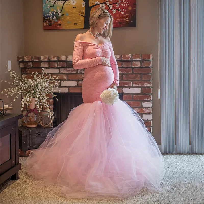 nvxiot - Cute Lace Tulle Maternity Photo Dress For Pregnant Women Sexy Photography Clothes Pink Long Baby Shower Pregnancy Shooting Gown