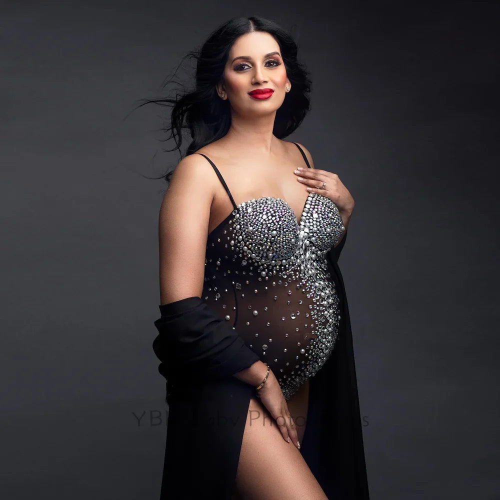 MQTIME - Maternity Bodysuit Photography Props Clothes Sexy Black Pregnant Women Rhinestones Stretch Jumpsuits For Photo Shoot Props