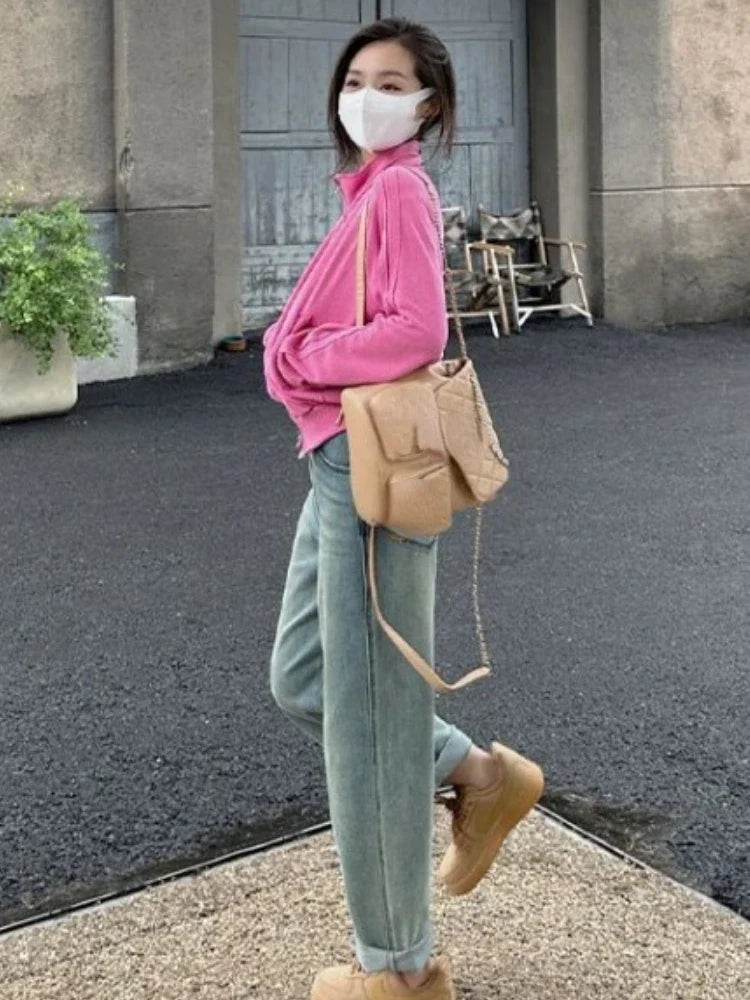 nvxiot - Womens Casual Vintage Pink Jackets Fashion Korean Double Zipper Jacket Chaquetas Loose All Match Pink Y2k Aesthetic Coats