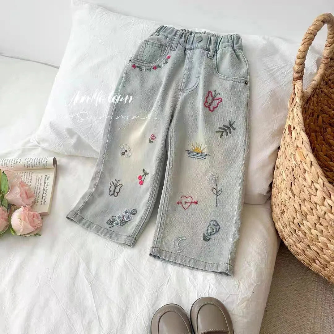 nvxiot - Summer Graffiti Babys Girl Jeans Korean Loose Embroidery Little Girl Denim Pants Elastic Waist Gradient Kids Girl Straight Pants