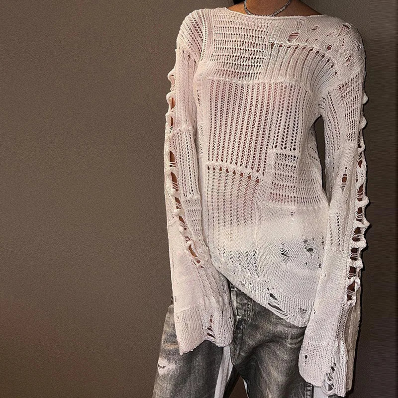 MQTIME - Chic Tattered Sweater Women Fashion Loose Long Sleeve Tops Lazy Style Hollowed Out Thin Perspective Black White Ripped Pullover