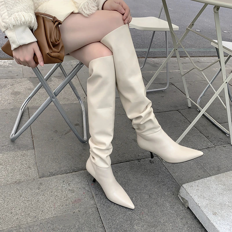 MQTIME - new Autumn Women knee high boots natural leather 22-25cm cowhide+pigskin modern boots pointed toe Retro Elastic boots