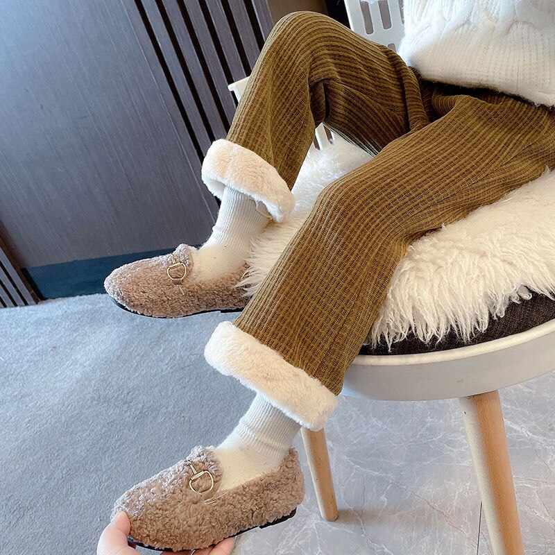nvxiot Fashion Winter Keep Warm Children Cotton Padded Plush Pants Thicken Plus Velvet Childrens Wear Clothes Girls Boot Cut trousers