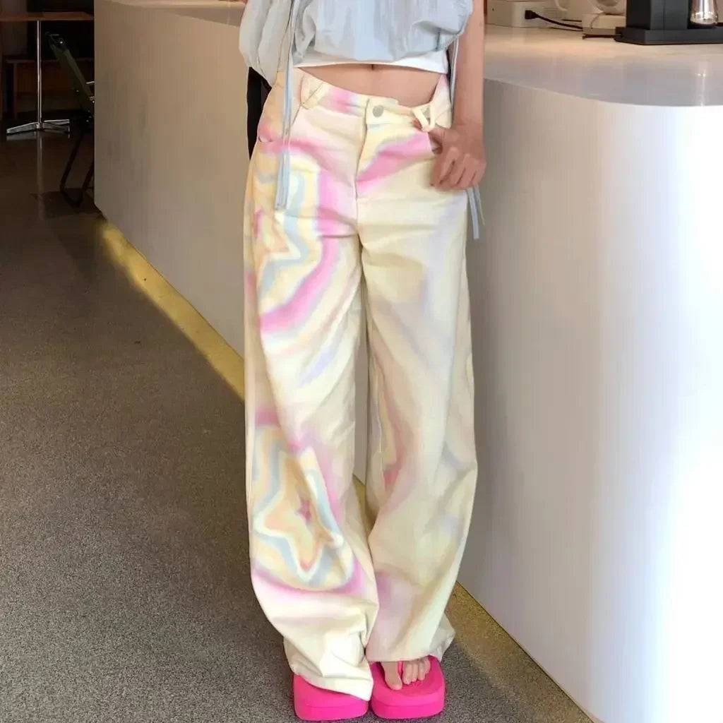 nvxiot - Paisley Rainbow Star Cute Print Jeans Denim Pant high waist y2k pants plus size clothes casual harajuku boyfriend loose straight