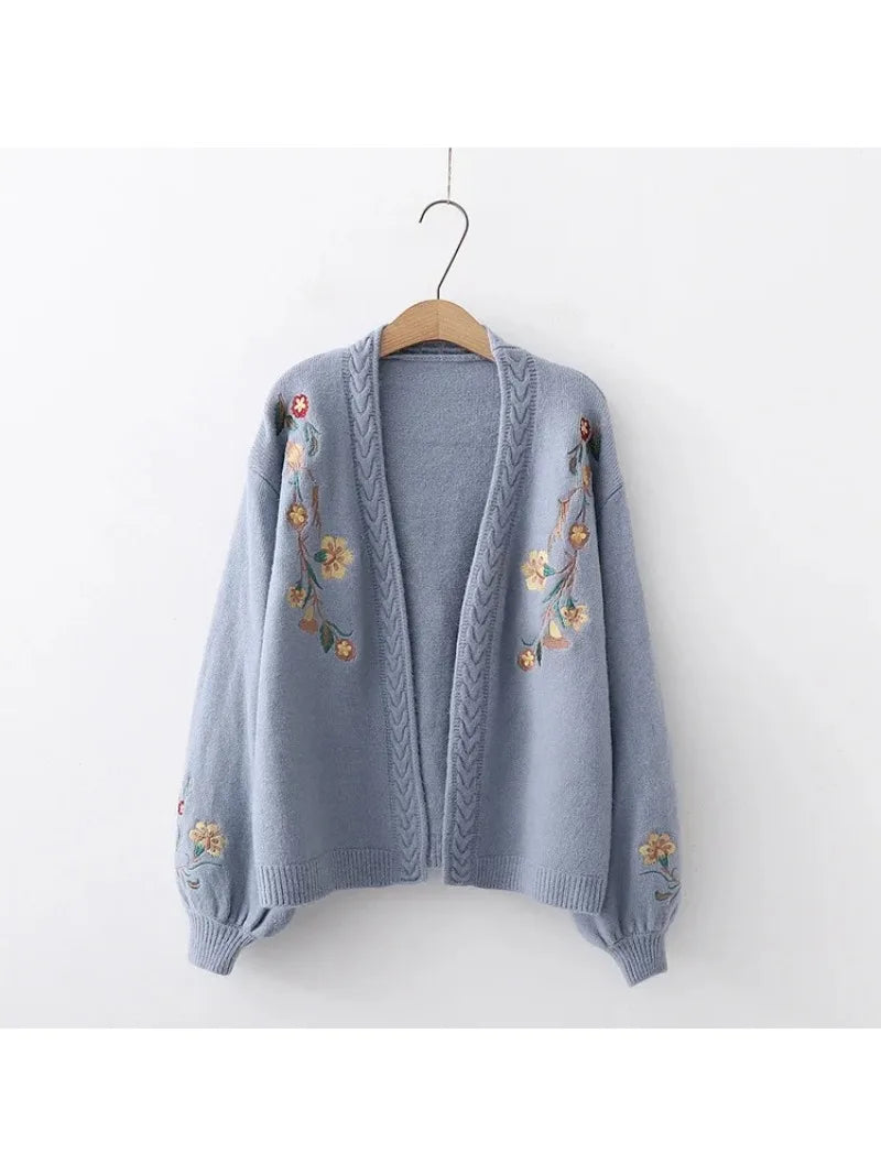 nvxiot - Japanese Mori Girl Autumn Winter Women Sweater V Neck Beige Blue Knitted Cardigan Elegant Floral Embroidery Warm Sweet Outerwear