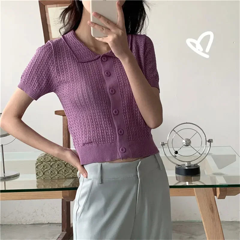MQTIME - Women 2024 Lapel Hollow Out Short Sleeves Knitted All-Match Solid Fashion Casual Elastic Chic Basic Short Sweaters Streetwear