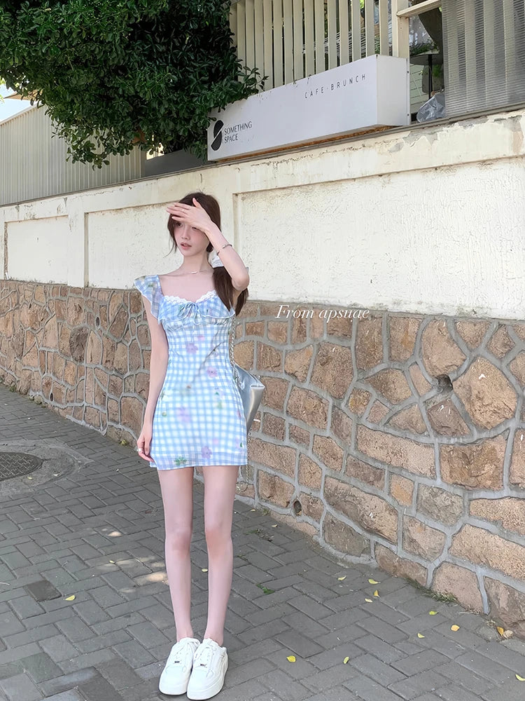 MQTIME - Casual Beach Party Mini Dress Women Sweet Flower Print Sleeveless Pleated Floral Dress Lace Patchwork Fashion Elegant Clothing