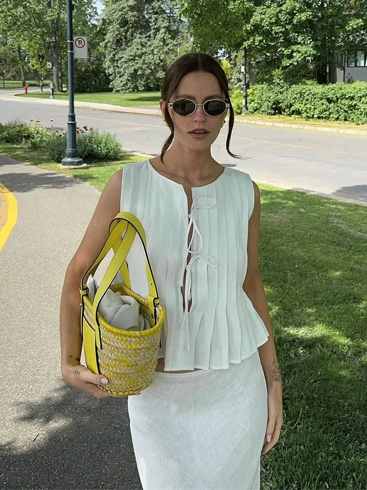 MQTIME - Pleated White Lace Up Tank Top Long Skirt Suit Women Elegant O-neck Sleeveless Tops Skirts 2 Pieces 2024 Summer Lady Streetwear