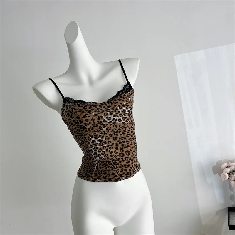 nvxiot - Small leopard print top, slim fit, sexy, sweet girl, short suspender, fashionable and versatile, new spring/summer 2024