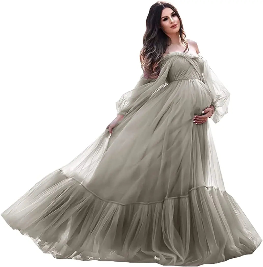 nvxiot - Puffy Sleeve Maternity Dress Tulle Robe With Underskirt for Photoshoot Off Shoulder Pregnancy Baby Shower Gown