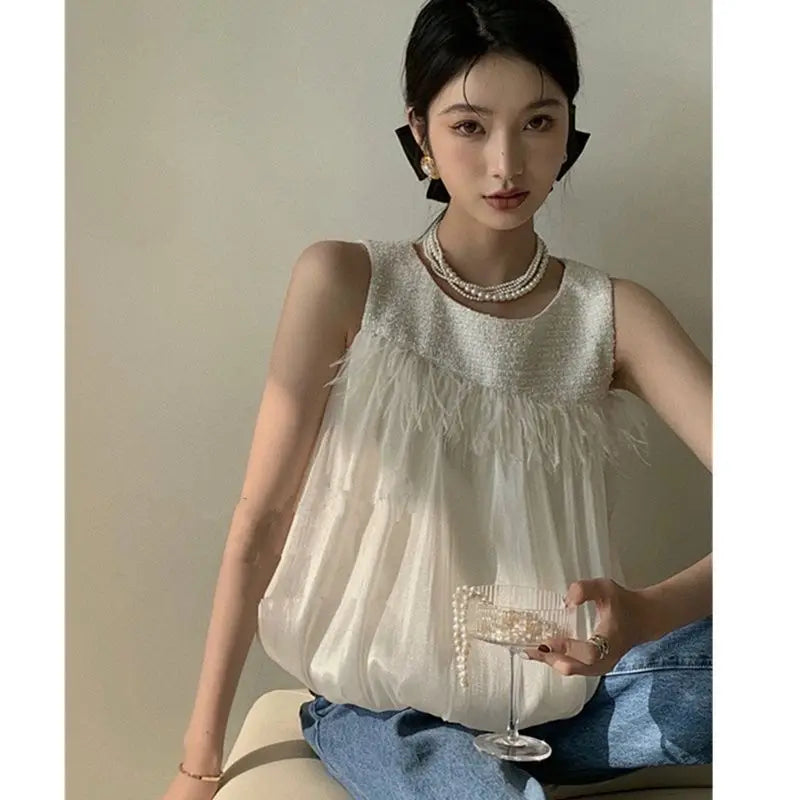 MQTIME - Summer New French Small Fragrance Style Paired Feather Sleeveless Doll Shirt Female Round Neck Short White Tank Top Women Trendy