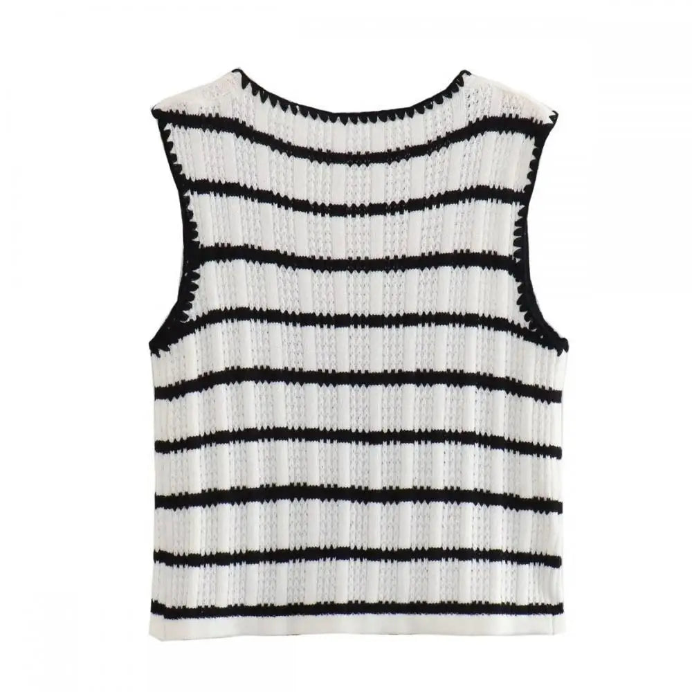 MQTIME - Women Fashion Knitted Striped Waistcoat Pants Set V Neck Front Tie Sleeveless Vest Tank Tops Elastic Waist Trousers Streetwear