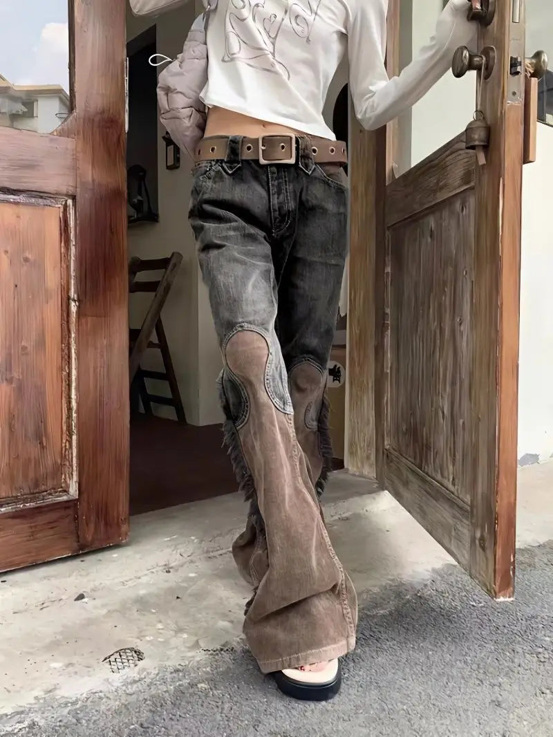 nvxiot - Vintage Panels Fringed Jeans Distressed Straight-leg Pants Irregular Panels Baggy Trousers High Waisted Jeans Streetwear Women