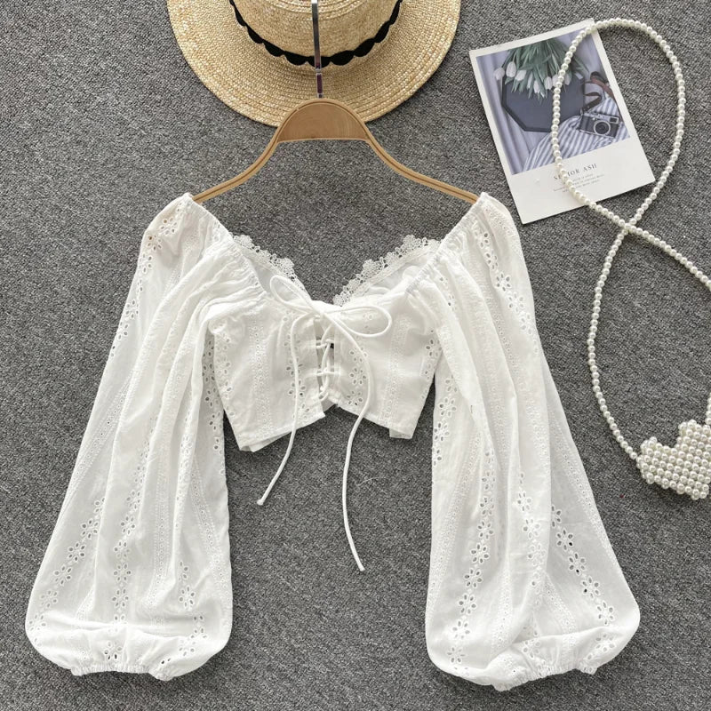 nvxiot - Summer Boho Style Women Shirts Retro Square Collar Long Sleeve Loose White Crop Top Lantern Sleeves Crocheted Hollow Blouse