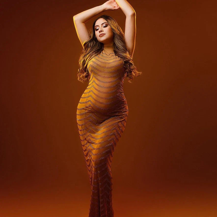nvxiot - Maternity Halter Rhinestone Maternity Photography Dresses Crystal Stretchy Skinny Sleeveless Maternity Photo Shoot Long Dress