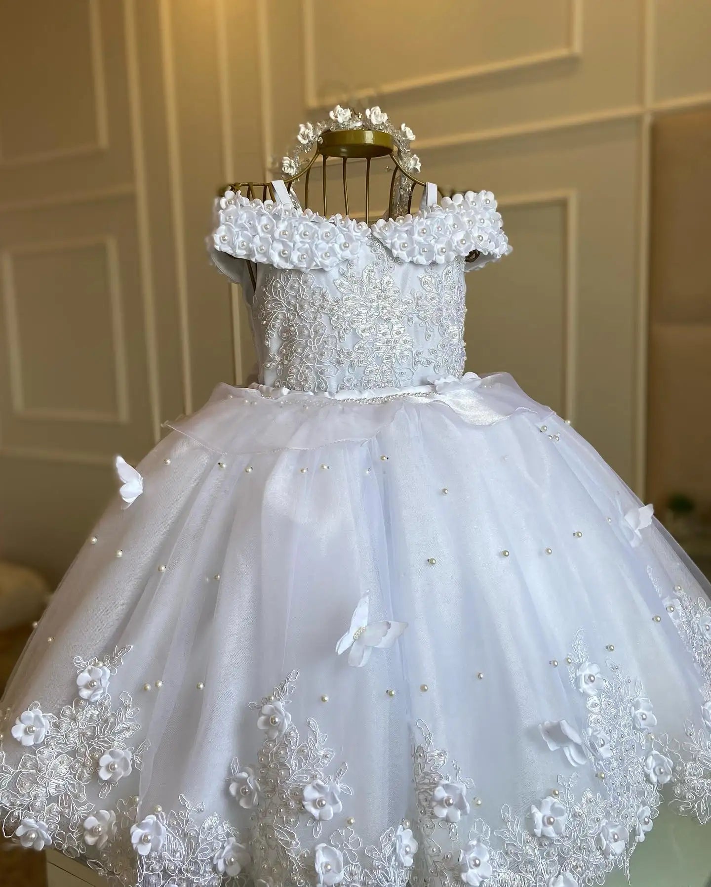 MQTIME - Cute White Pearls Flower Girls Dress First Birthday Princess Bow Back Tulle Christmas New Ball Gown Photoshoot Party