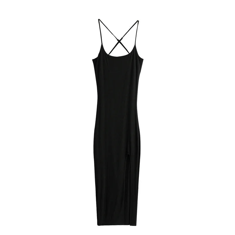 MQTIME - Black Birthday Dress Sexy Girl Tank Vest Dress Backless Tight Split Robe Beach Dresses Hip Split Mid-length Long Maxi Dresses