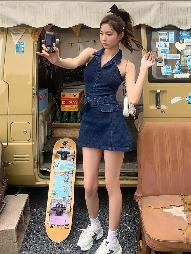 nvxiot - Summer Retro Blue Turn-down Collar Off Shoulder Button Denim Mini Dress Women Sleeveless High Waist A-line Jeans Short Dress New