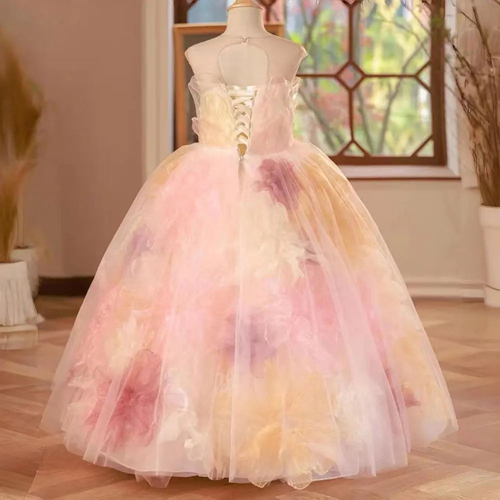 MQTIME - Luxury Arabic Floral Girl Dress with Flowers Dubai Kids Princess Birthday Wedding Party First Communion Gown 2024 J229