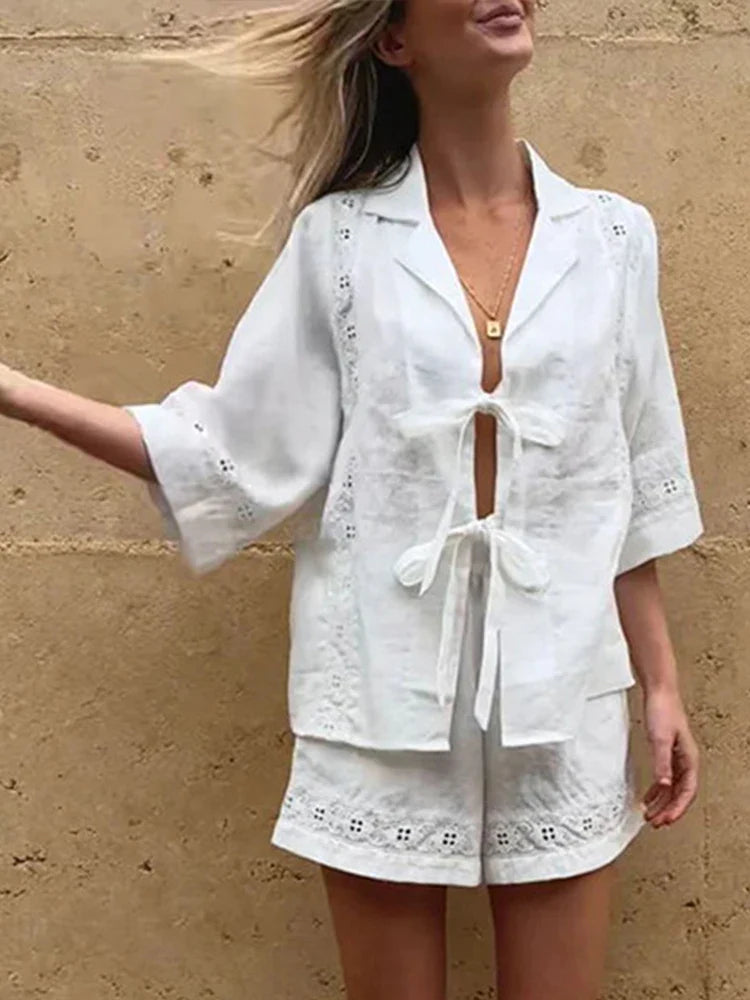 MQTIME - Embroidered Shorts Suit Women 2 Piece Set Hollow Out Lapel Casual Short Sleeve Shirt Sets 2024 Summer Lady Commuter Beach Outfit