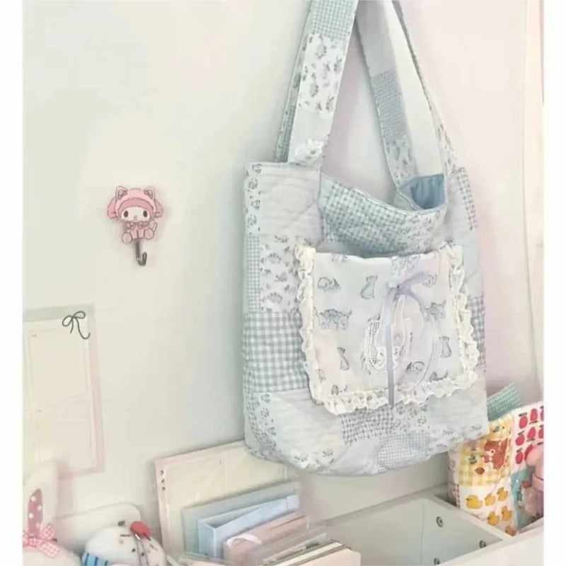 MQTIME - Harajuku Aesthetic Blue Shoulder Bags Women Sweet Lolita Bow Lace Rabbit Cute Handbag Ladies Large Capacity Tote Bag Y2k