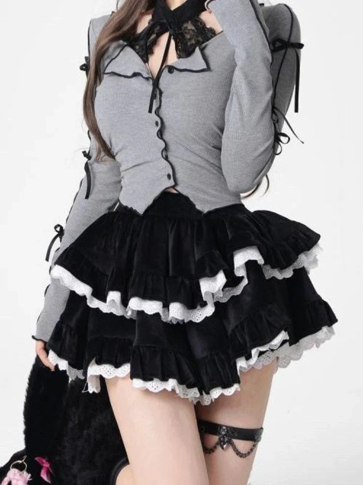 MQTIME - Black Velvet Ball Gown A-line High Waist Mini Women Skirt with Lace Gothic Style Pleated Skirts Korean Fashion Clothing