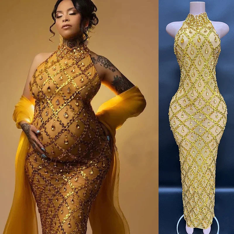 MQTIME - Embellished Maternity dress for pregnancy photoshoot Sexy sparkling Rhinestone Ladies evening sleeveless Dresses
