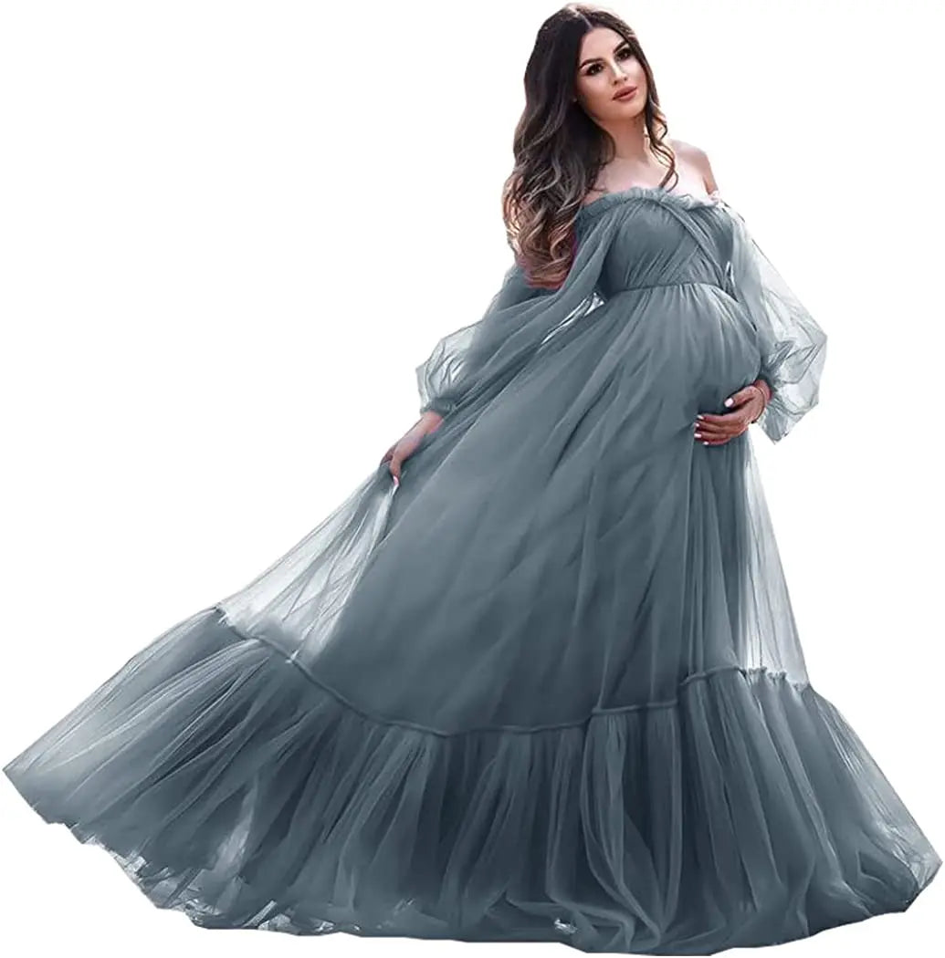 nvxiot - Puffy Sleeve Maternity Dress Tulle Robe With Underskirt for Photoshoot Off Shoulder Pregnancy Baby Shower Gown