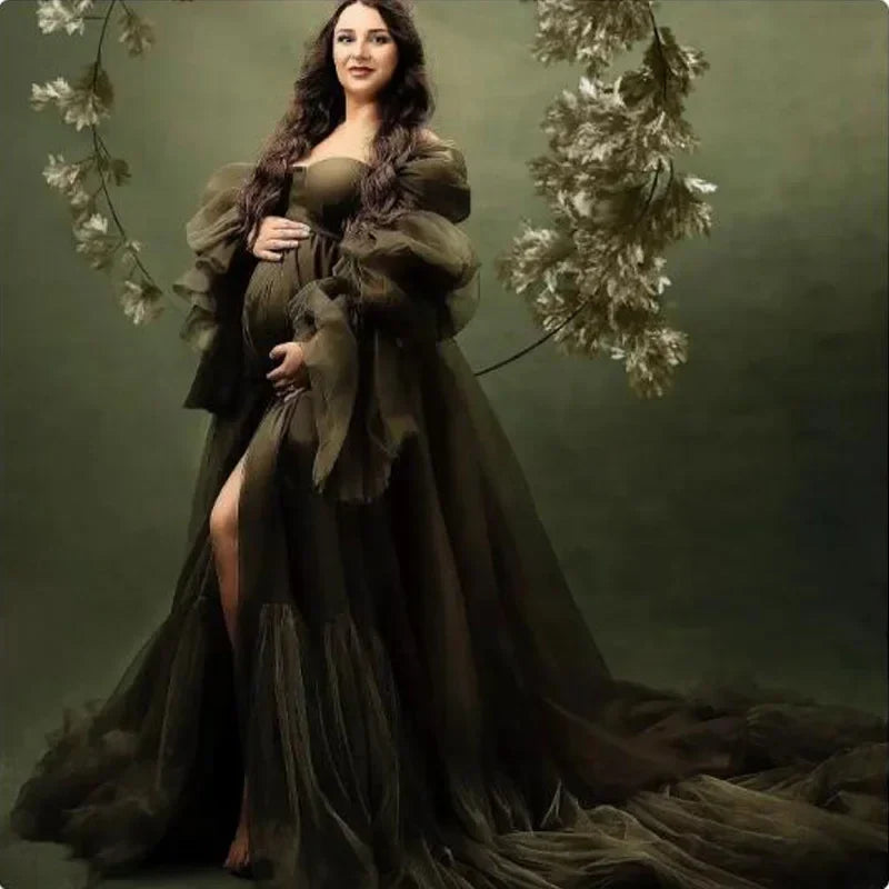 MQTIME - Green Maternity Gowns for Pregnancy Photo Shoot Long Sleeve Girls Photography Babyshower Dresses Bathrobe Wear