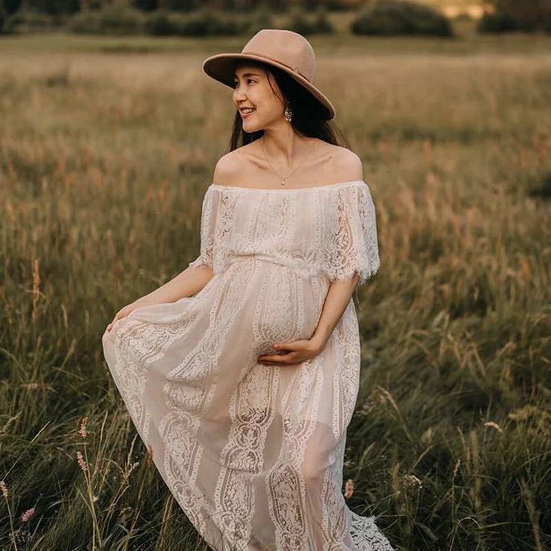 MQTIME - Bohemian Lace Maternity Maxi Dress for Gorgeous Pregnancy Photo Shoots Stunning Floor-Length Gown for Photography Dress