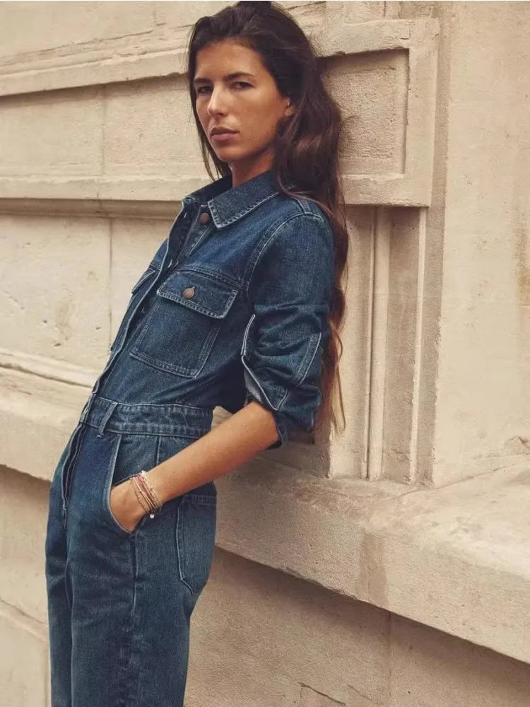 MQTIME - Blue Lapel Long Sleeved Jumpsuit For Women With A Stylish Front Pocket Embellishment, Straight Leg Long Denim Jumpsuit