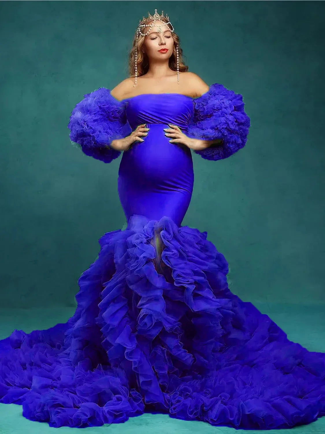 nvxiot - Teal Blue Mermaid Maternity Dress for Pregnant Woman Removable Puffy Sleeve Women Gowns for Photoshoot Evening Bathrobe Robes